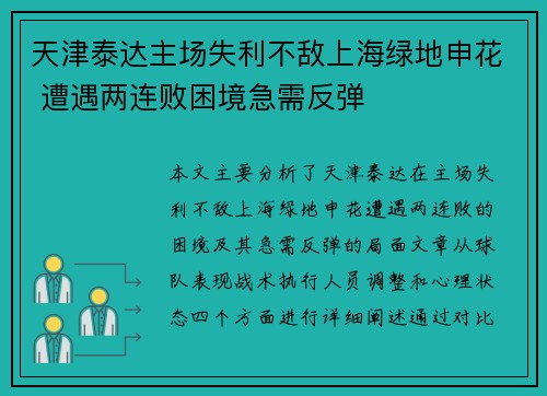 天津泰达主场失利不敌上海绿地申花 遭遇两连败困境急需反弹