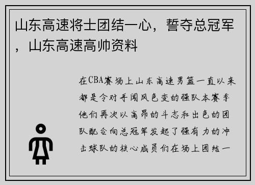 山东高速将士团结一心，誓夺总冠军，山东高速高帅资料