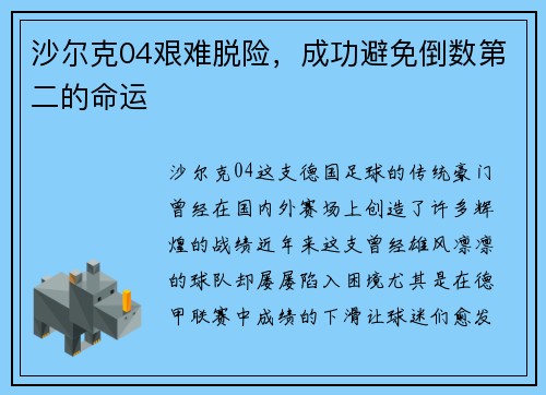 沙尔克04艰难脱险，成功避免倒数第二的命运