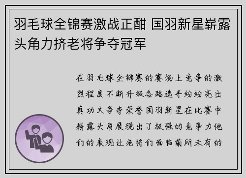 羽毛球全锦赛激战正酣 国羽新星崭露头角力挤老将争夺冠军